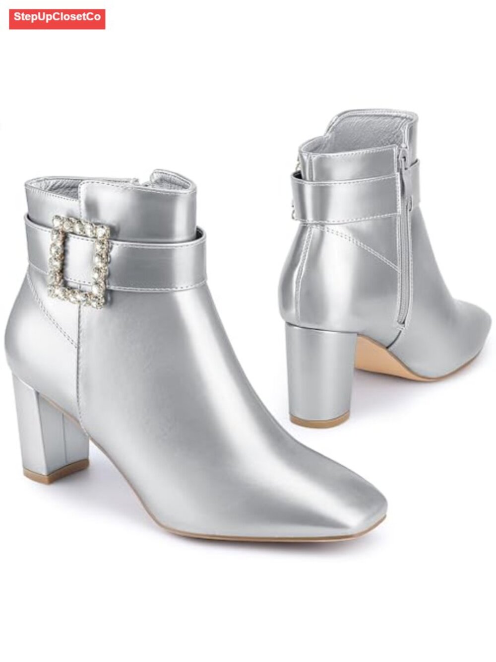 Rhinestone Buckle Faux Leather Chunky Heel Ankle Boots Square Toe Side Zip